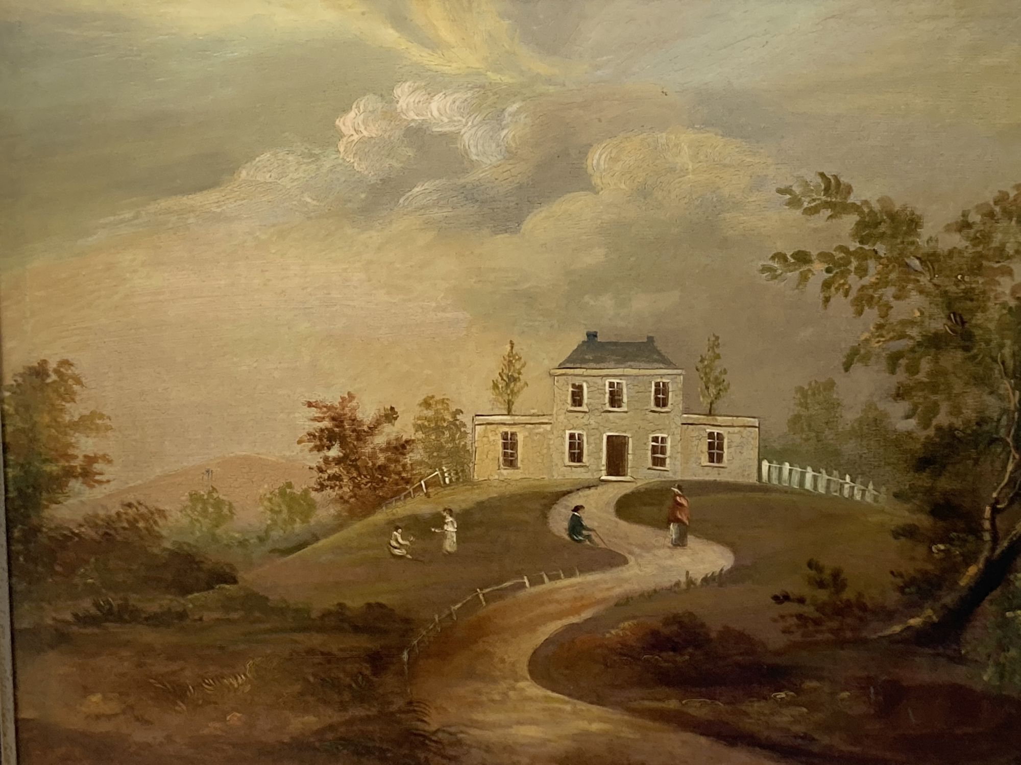 Early 19th century English School, oil on canvas, View of a country house with figures in the foreground, 29 x 38cm